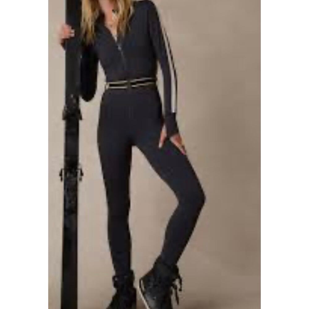 The Upside Black Jumpsuit with Cream Piping Long Sleeve Zip Front Size L - Picture 2 of 7